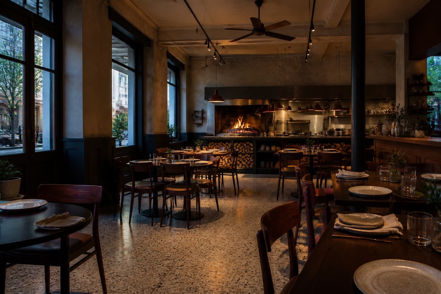 Salón de Mesa Sur y su cocina a leña